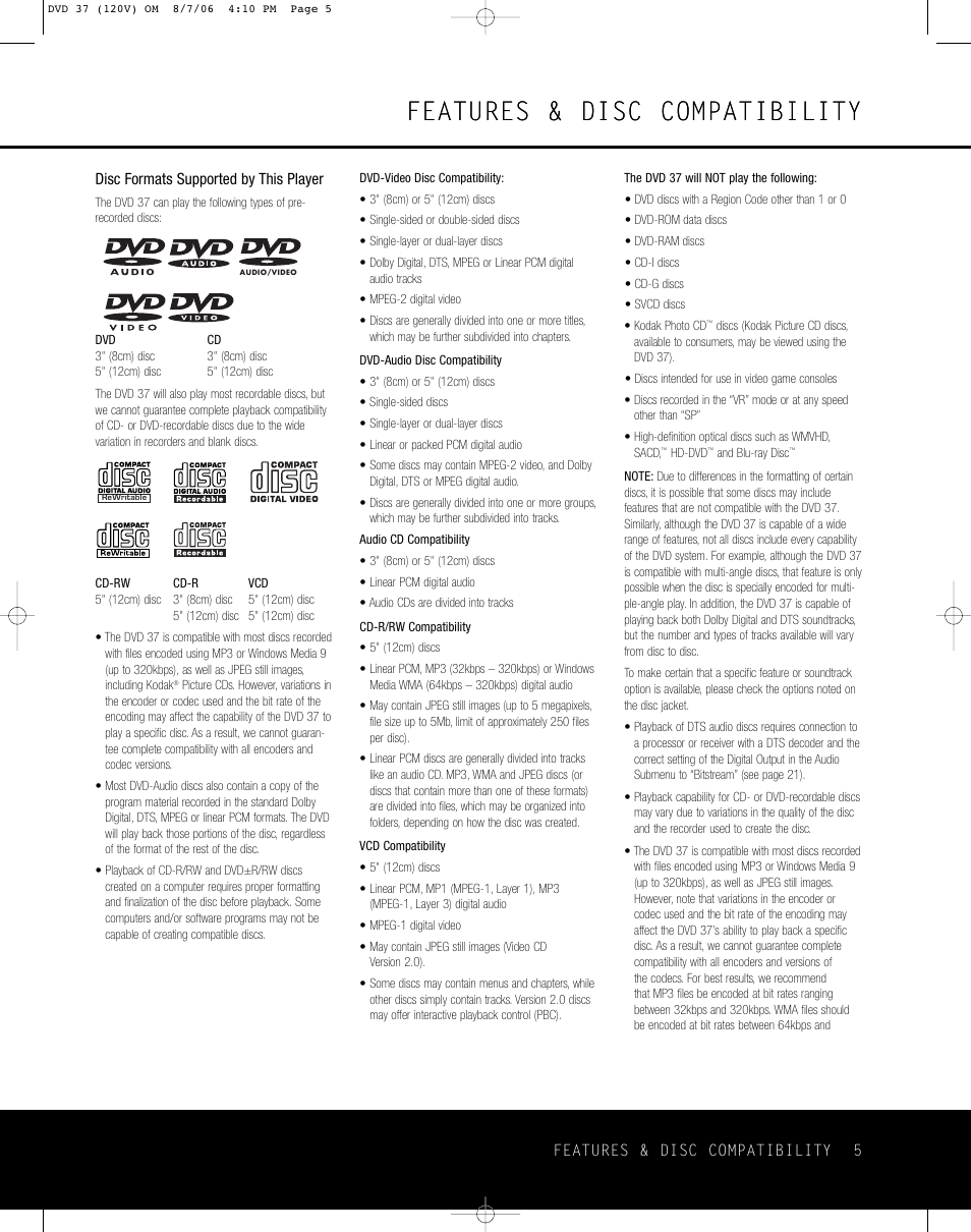 Features & disc compatibility | Harman-Kardon DVD 37 User Manual | Page 5 / 40