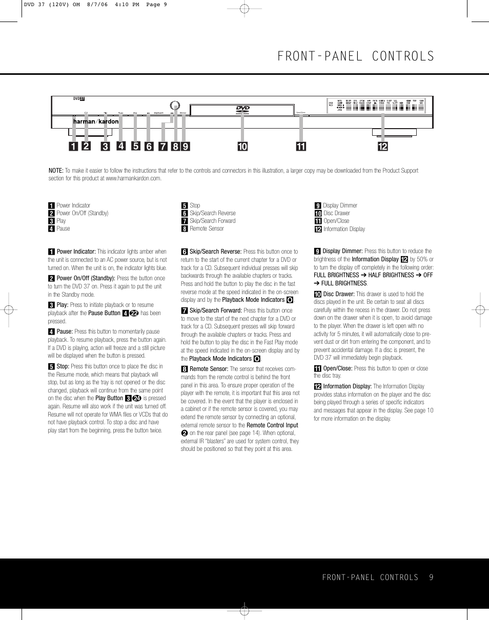 Front-panel controls, Front-panel controls 9 | Harman-Kardon DVD 37 User Manual | Page 9 / 40
