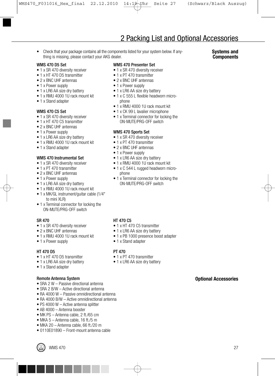2 packing list and optional accessories | Harman-Kardon WMS 470 User Manual | Page 33 / 142