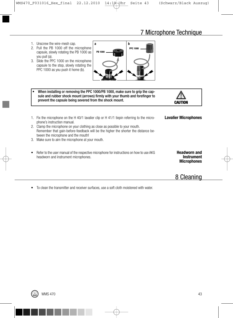 7 microphone technique, 8 cleaning | Harman-Kardon WMS 470 User Manual | Page 49 / 142