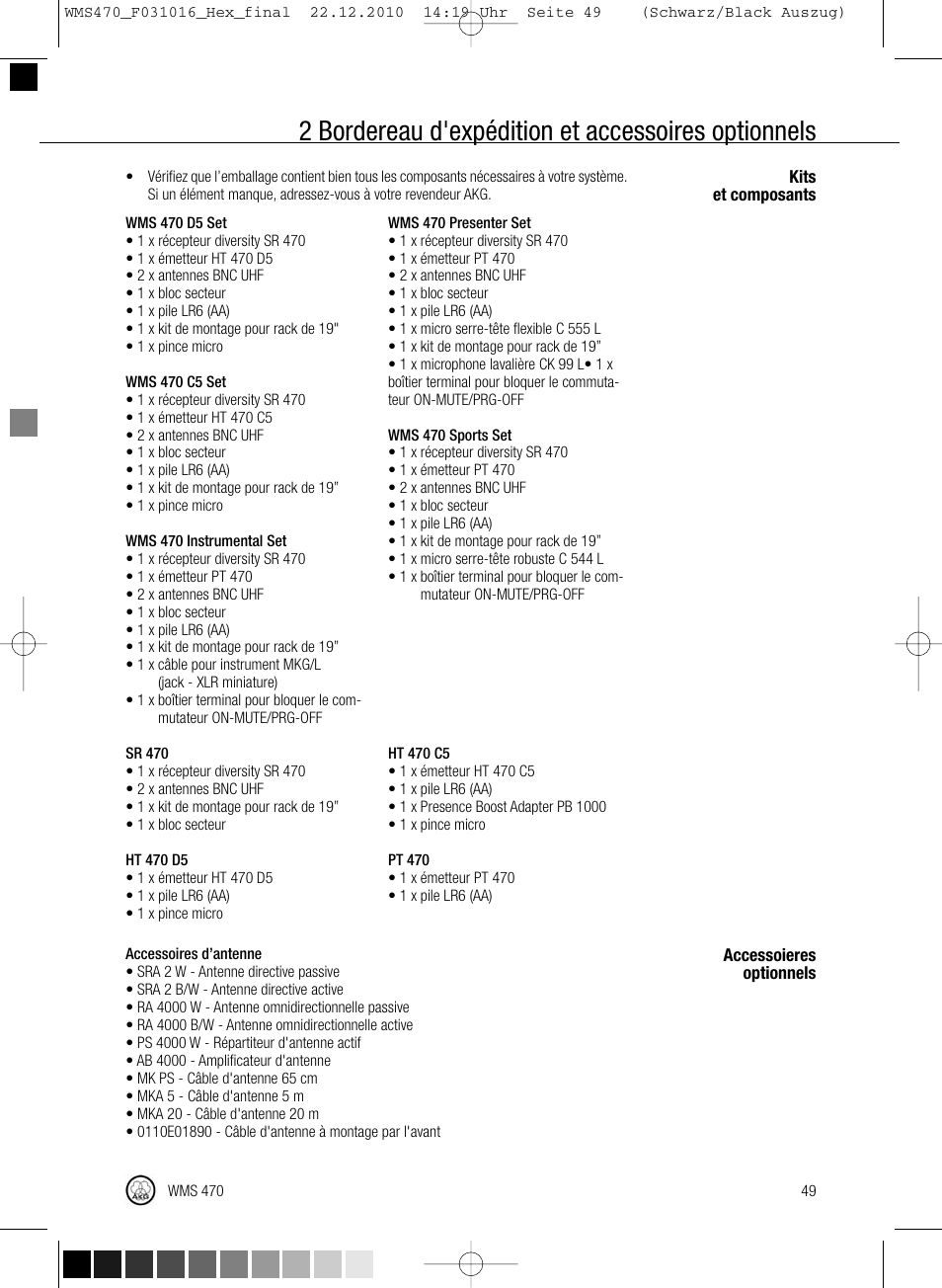 2 bordereau d'expédition et accessoires optionnels | Harman-Kardon WMS 470 User Manual | Page 55 / 142