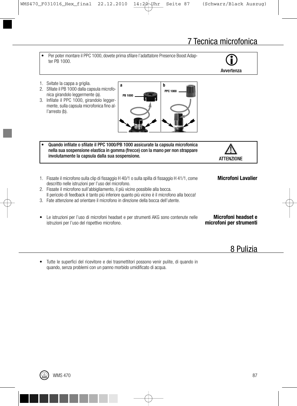 7 tecnica microfonica, 8 pulizia | Harman-Kardon WMS 470 User Manual | Page 93 / 142