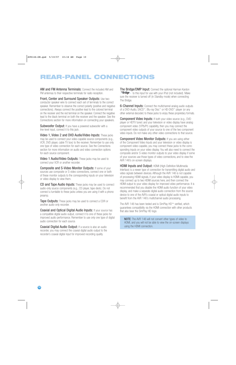 Rear-panel connections | Harman-Kardon AVR 146 User Manual | Page 10 / 60