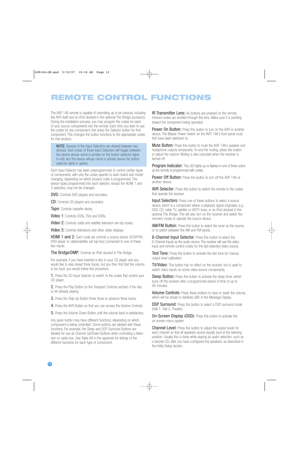 Remote control functions | Harman-Kardon AVR 146 User Manual | Page 12 / 60