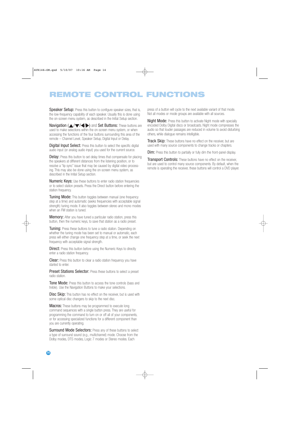 Remote control functions | Harman-Kardon AVR 146 User Manual | Page 14 / 60