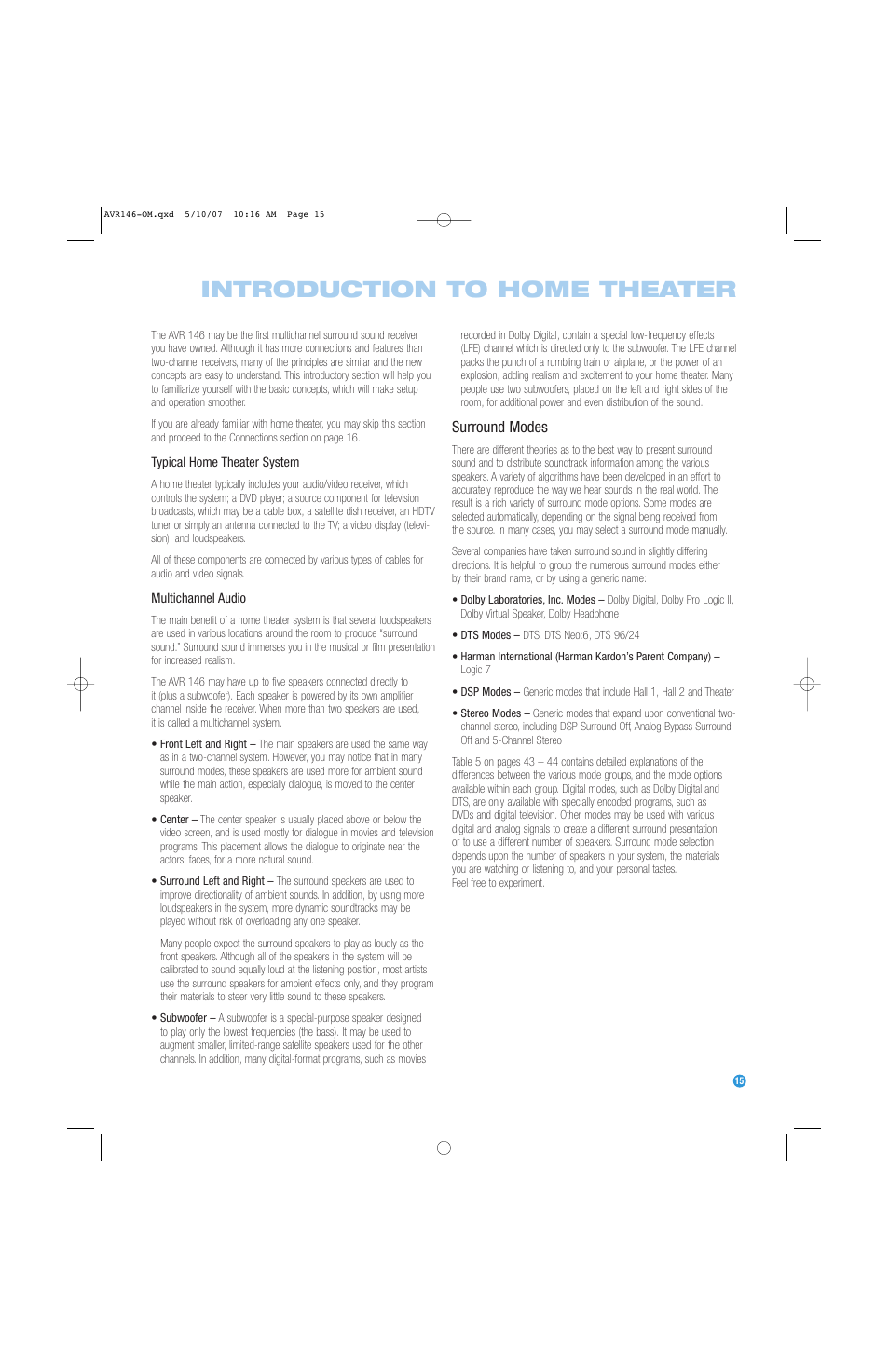 Introduction to home theater, Surround modes | Harman-Kardon AVR 146 User Manual | Page 15 / 60