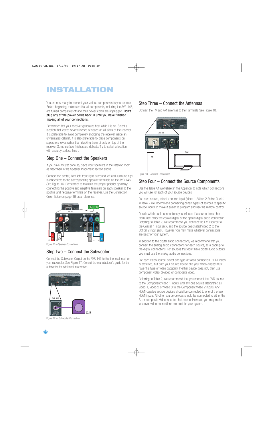 Installation, Step one – connect the speakers, Step two – connect the subwoofer | Step three – connect the antennas, Step four – connect the source components | Harman-Kardon AVR 146 User Manual | Page 20 / 60