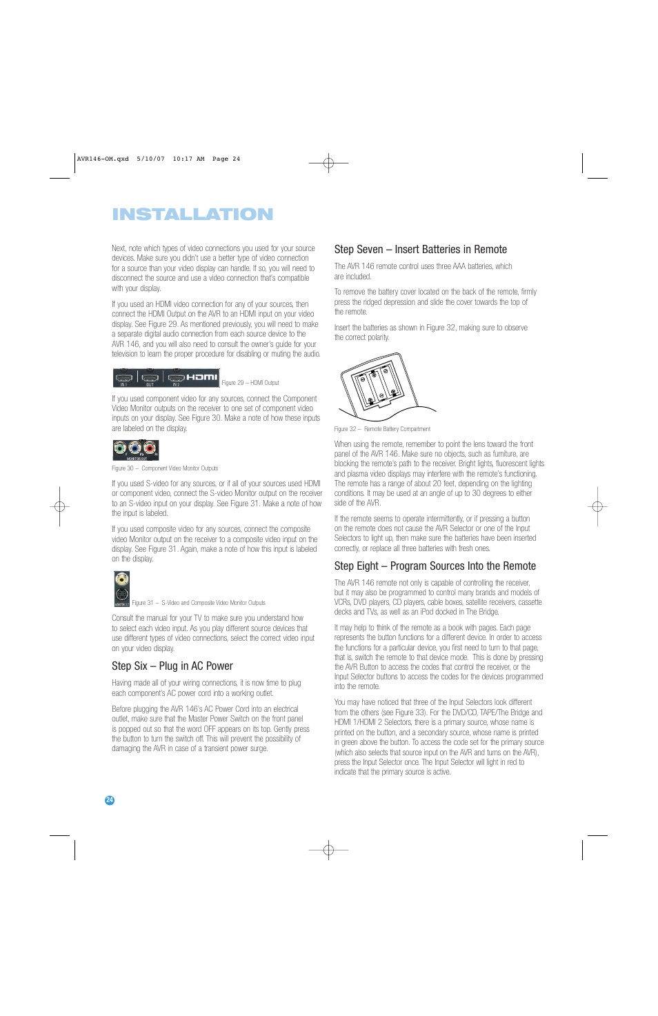 Installation, Step six – plug in ac power, Step seven – insert batteries in remote | Step eight – program sources into the remote | Harman-Kardon AVR 146 User Manual | Page 24 / 60