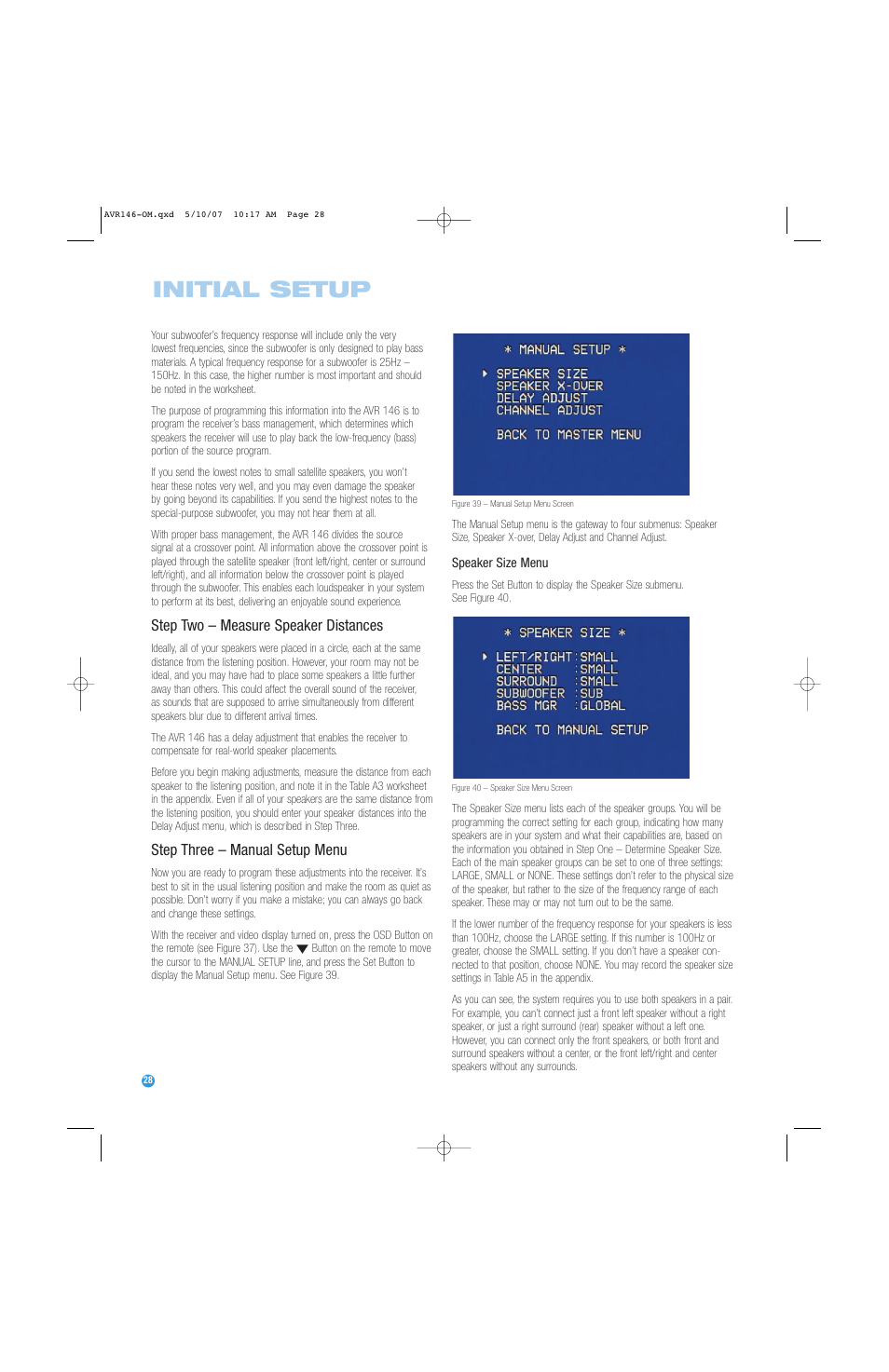 Initial setup, Step two – measure speaker distances, Step three – manual setup menu | Harman-Kardon AVR 146 User Manual | Page 28 / 60