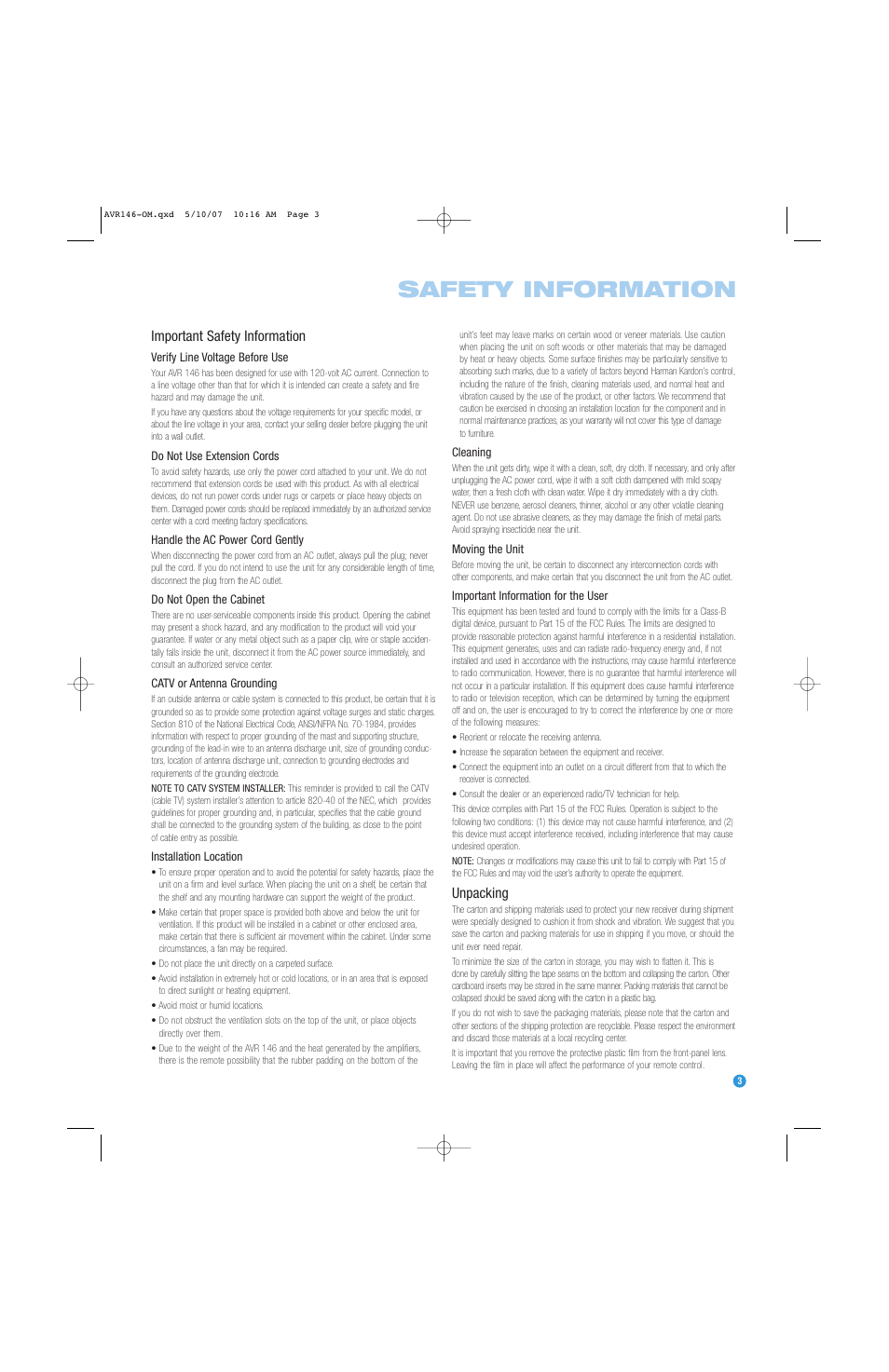 Safety information, Important safety information, Unpacking | Harman-Kardon AVR 146 User Manual | Page 3 / 60