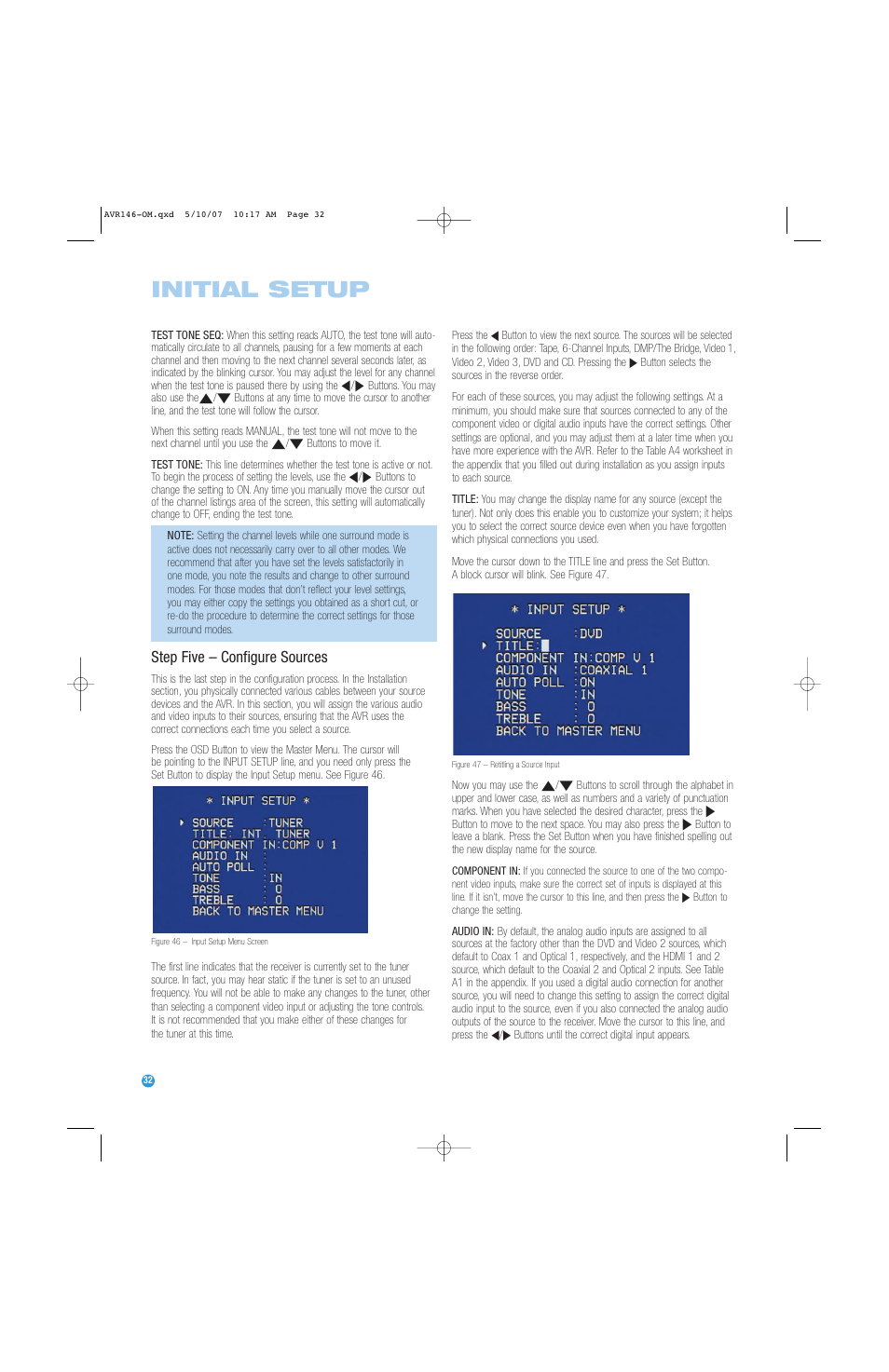 Initial setup, Step five – configure sources | Harman-Kardon AVR 146 User Manual | Page 32 / 60