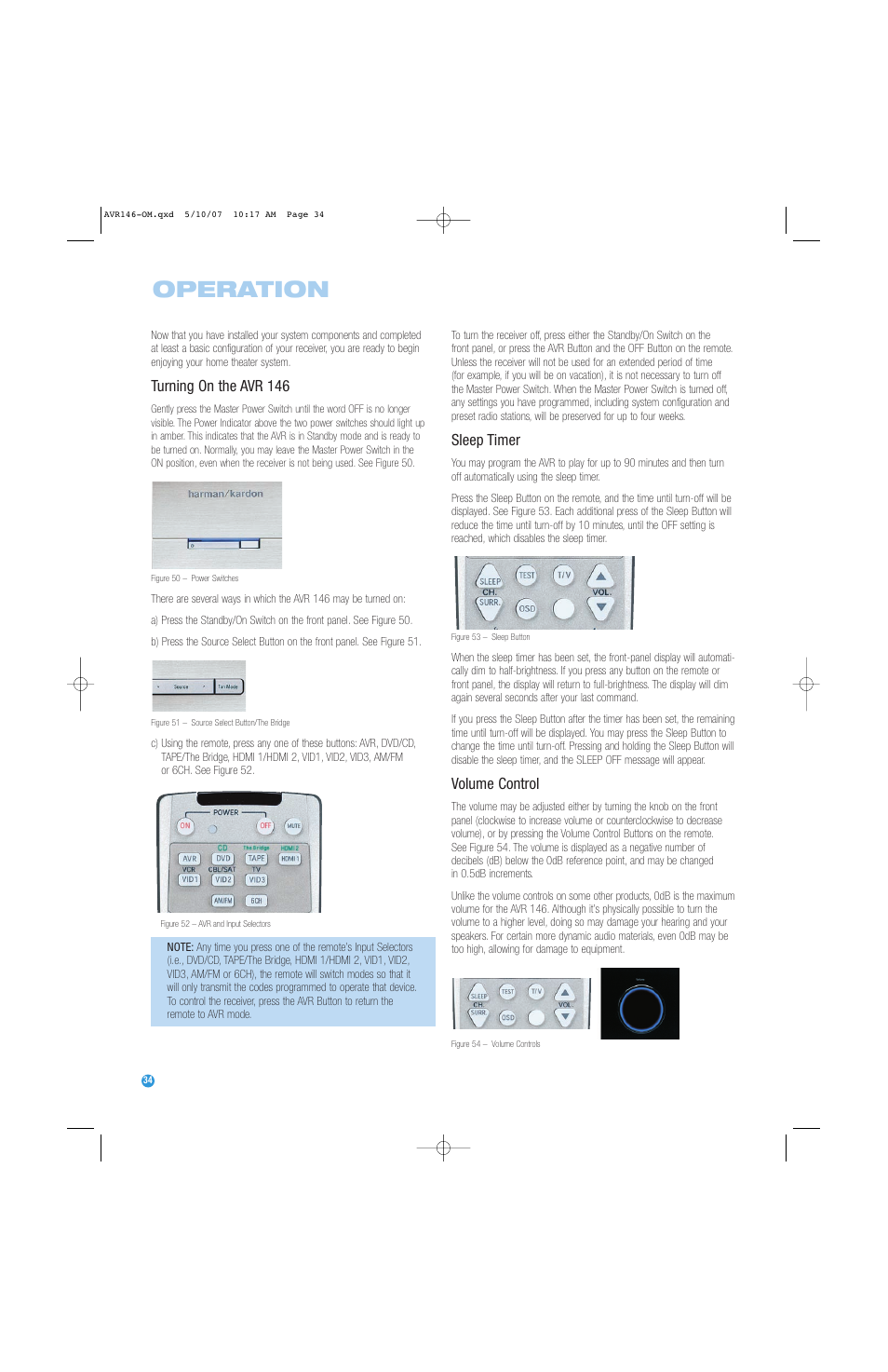 Operation, Turning on the avr 146, Sleep timer | Volume control | Harman-Kardon AVR 146 User Manual | Page 34 / 60
