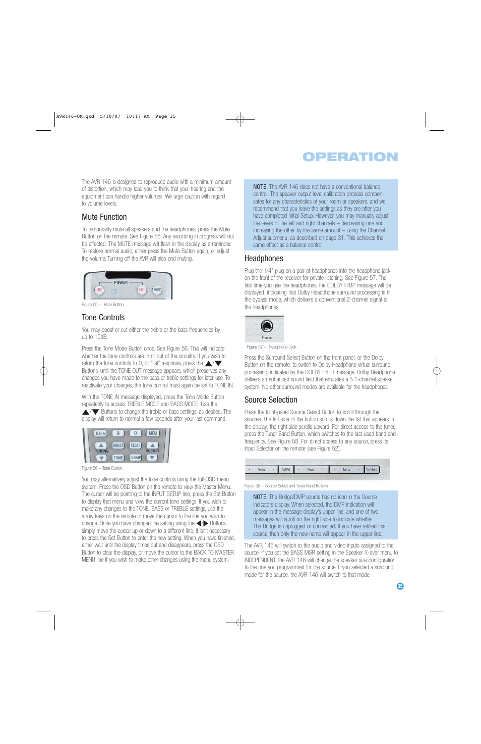Operation, Mute function, Tone controls | Headphones, Source selection | Harman-Kardon AVR 146 User Manual | Page 35 / 60