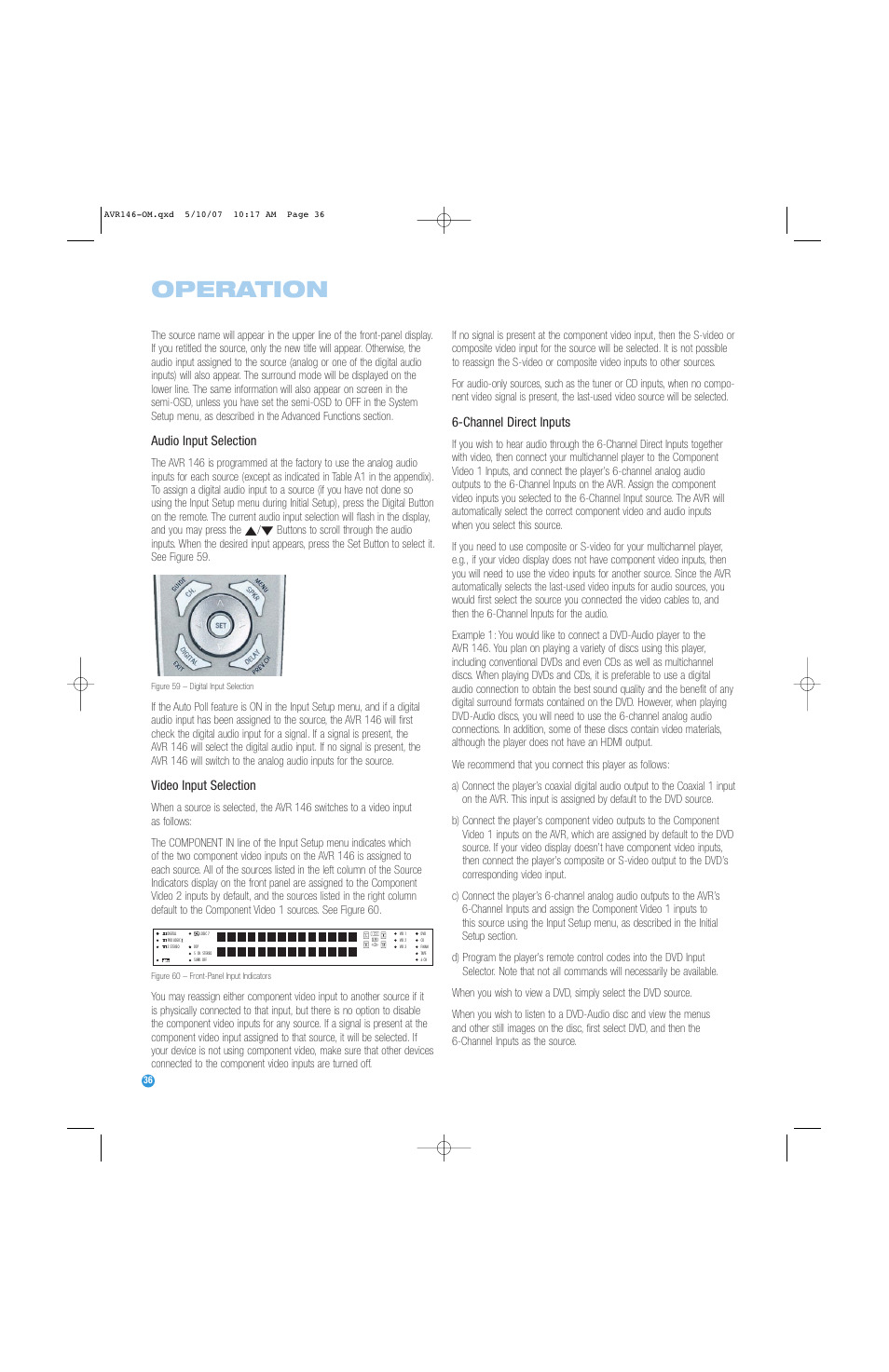 Operation, Audio input selection, Video input selection | Channel direct inputs | Harman-Kardon AVR 146 User Manual | Page 36 / 60