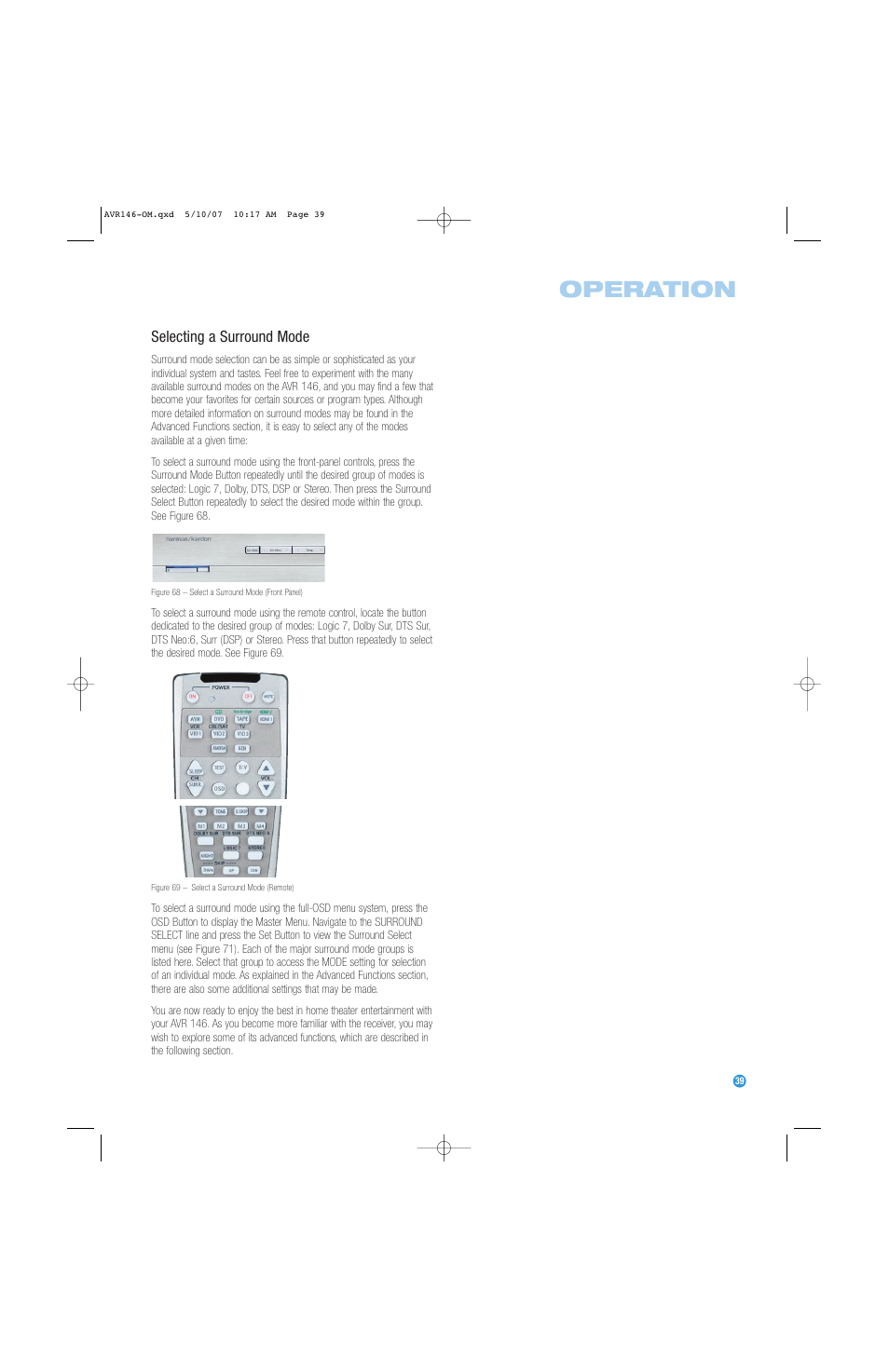 Operation, Selecting a surround mode | Harman-Kardon AVR 146 User Manual | Page 39 / 60