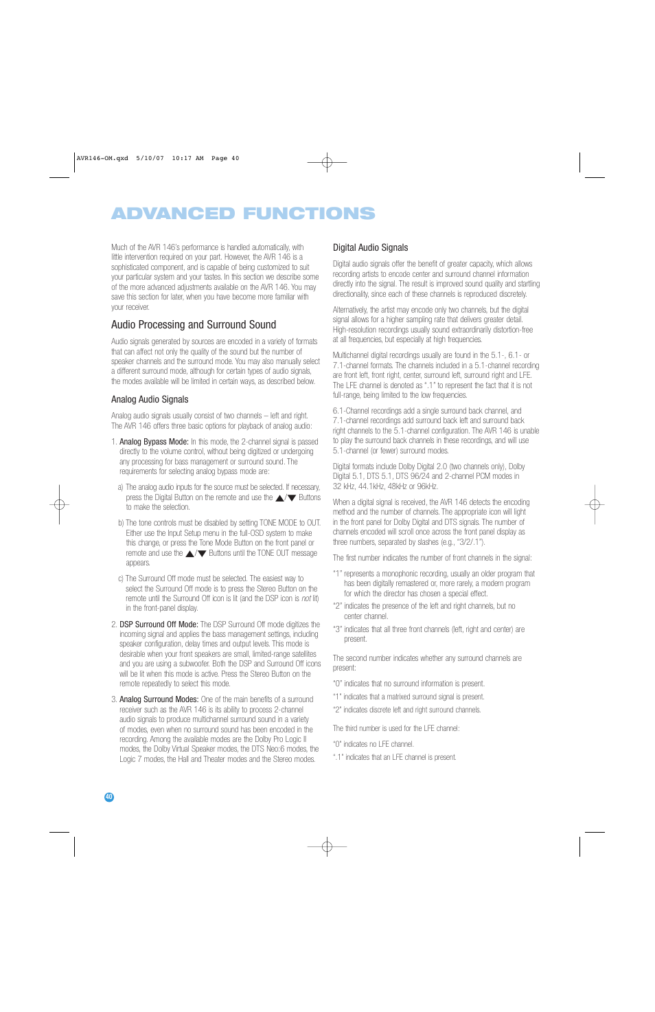 Advanced functions, Audio processing and surround sound | Harman-Kardon AVR 146 User Manual | Page 40 / 60