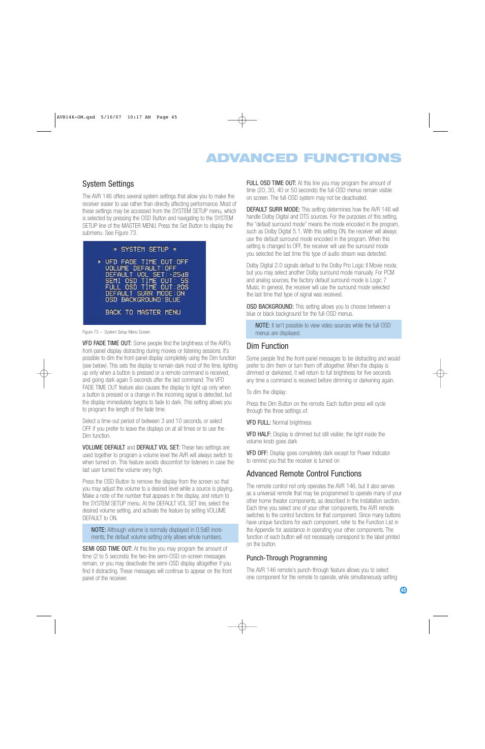 Advanced functions | Harman-Kardon AVR 146 User Manual | Page 45 / 60