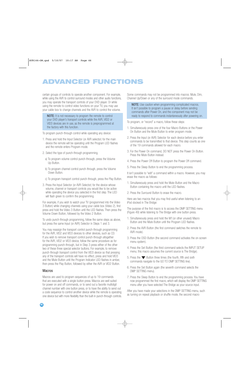 Advanced functions | Harman-Kardon AVR 146 User Manual | Page 46 / 60