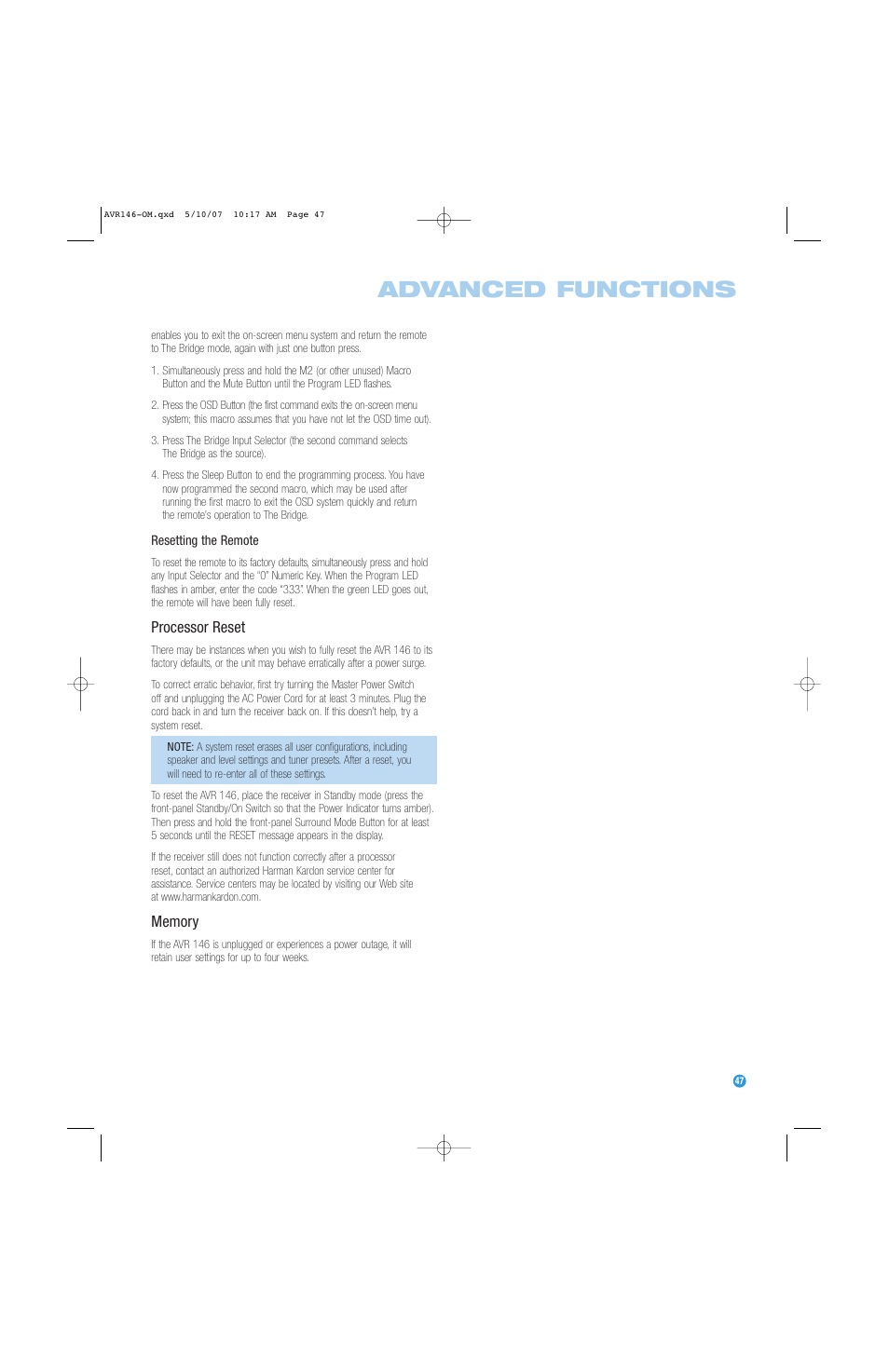 Advanced functions | Harman-Kardon AVR 146 User Manual | Page 47 / 60