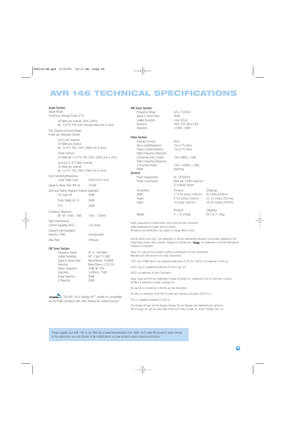 Avr 146 technical specifications | Harman-Kardon AVR 146 User Manual | Page 49 / 60
