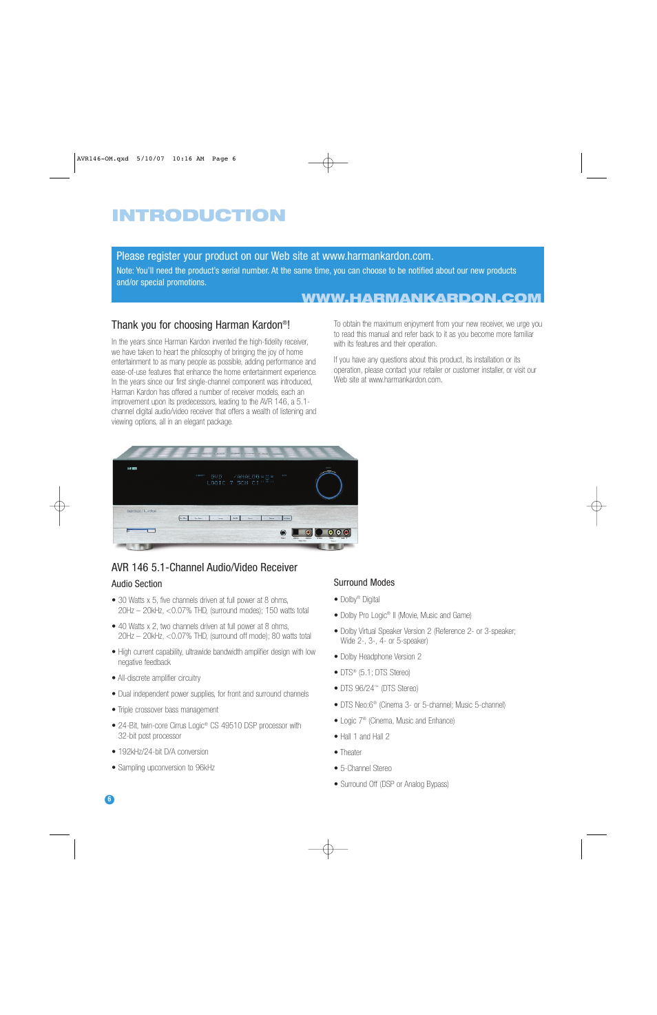Introduction | Harman-Kardon AVR 146 User Manual | Page 6 / 60