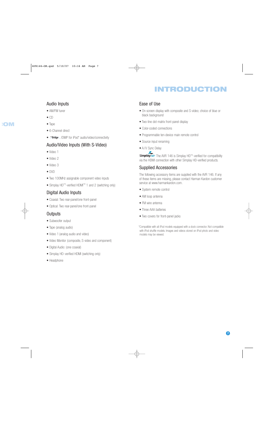 Introduction, Audio inputs, Audio/video inputs (with s-video) | Digital audio inputs, Outputs, Ease of use, Supplied accessories | Harman-Kardon AVR 146 User Manual | Page 7 / 60