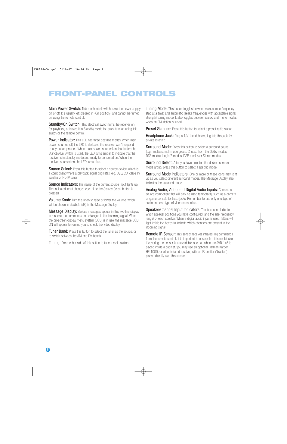 Front-panel controls | Harman-Kardon AVR 146 User Manual | Page 8 / 60