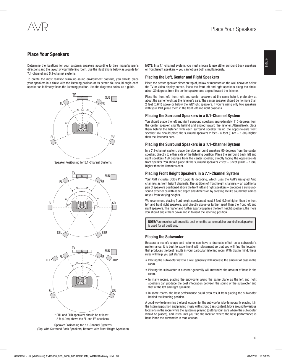 Place your speakers | Harman-Kardon AVR 265 User Manual | Page 13 / 62