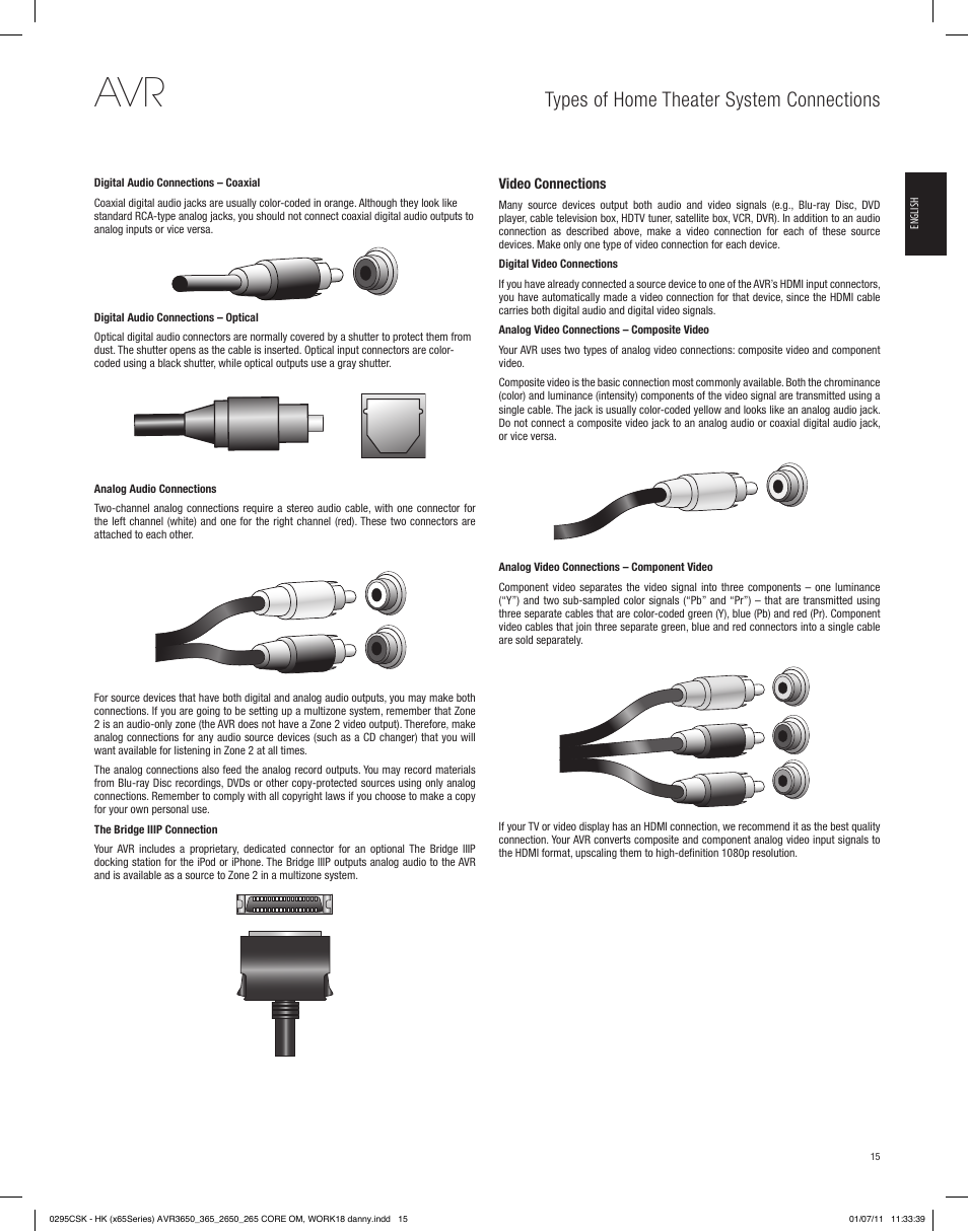 Types of home theater system connections | Harman-Kardon AVR 265 User Manual | Page 15 / 62