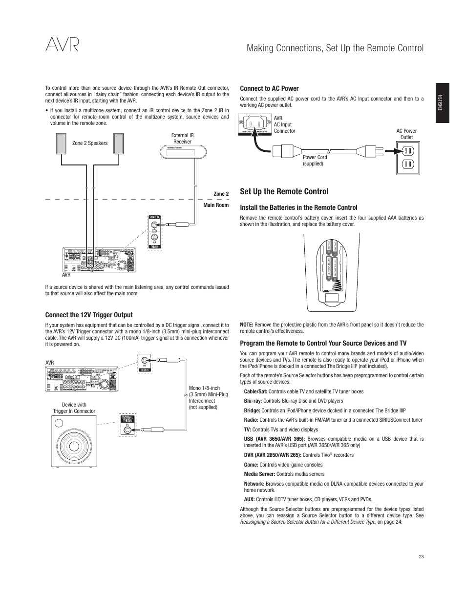 Making connections, set up the remote control, Set up the remote control | Harman-Kardon AVR 265 User Manual | Page 23 / 62