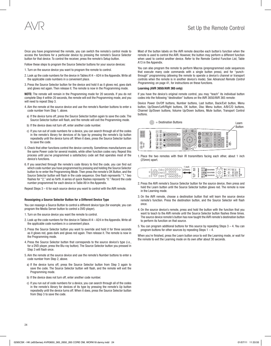 Set up the remote control | Harman-Kardon AVR 265 User Manual | Page 24 / 62