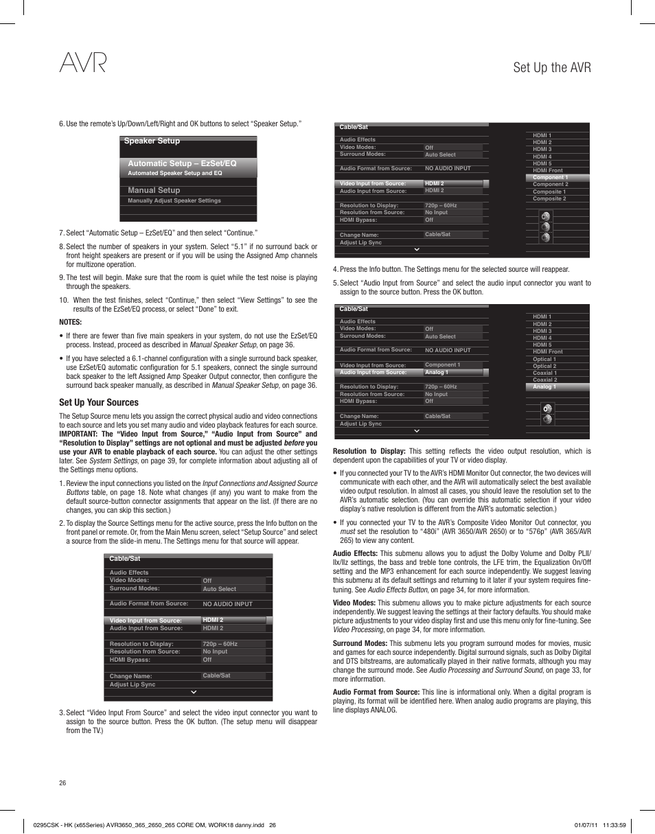 Set up the avr, Set up your sources | Harman-Kardon AVR 265 User Manual | Page 26 / 62