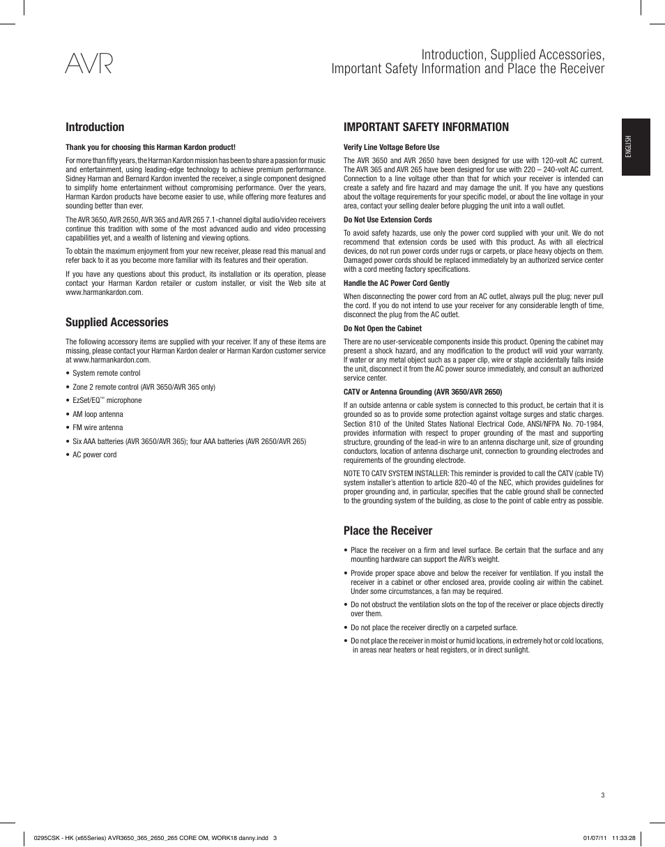 Introduction, Supplied accessories, Important safety information | Place the receiver | Harman-Kardon AVR 265 User Manual | Page 3 / 62