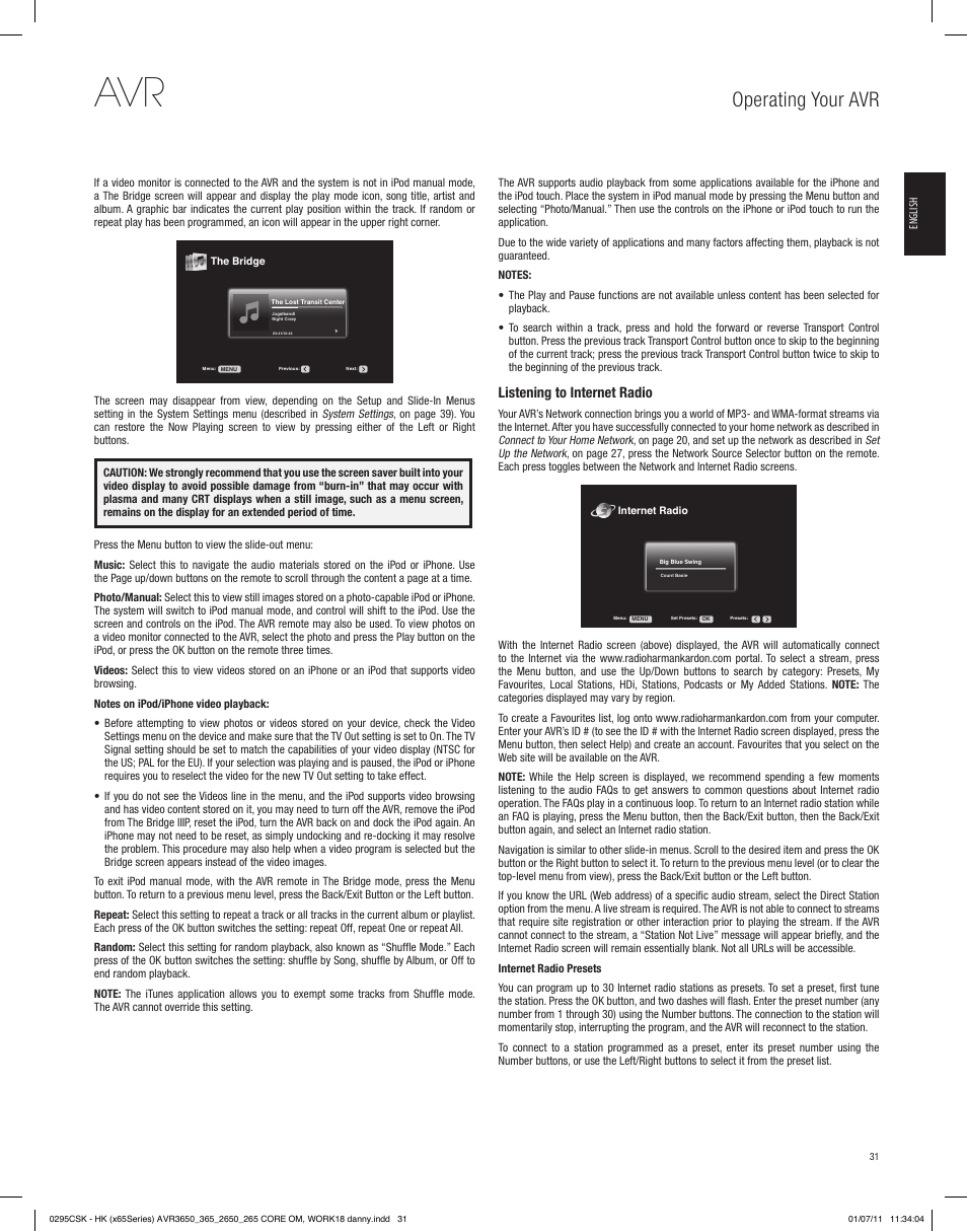 Operating your avr, Listening to internet radio | Harman-Kardon AVR 265 User Manual | Page 31 / 62