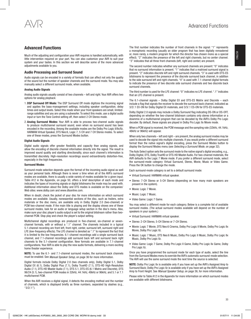 Advanced functions | Harman-Kardon AVR 265 User Manual | Page 33 / 62