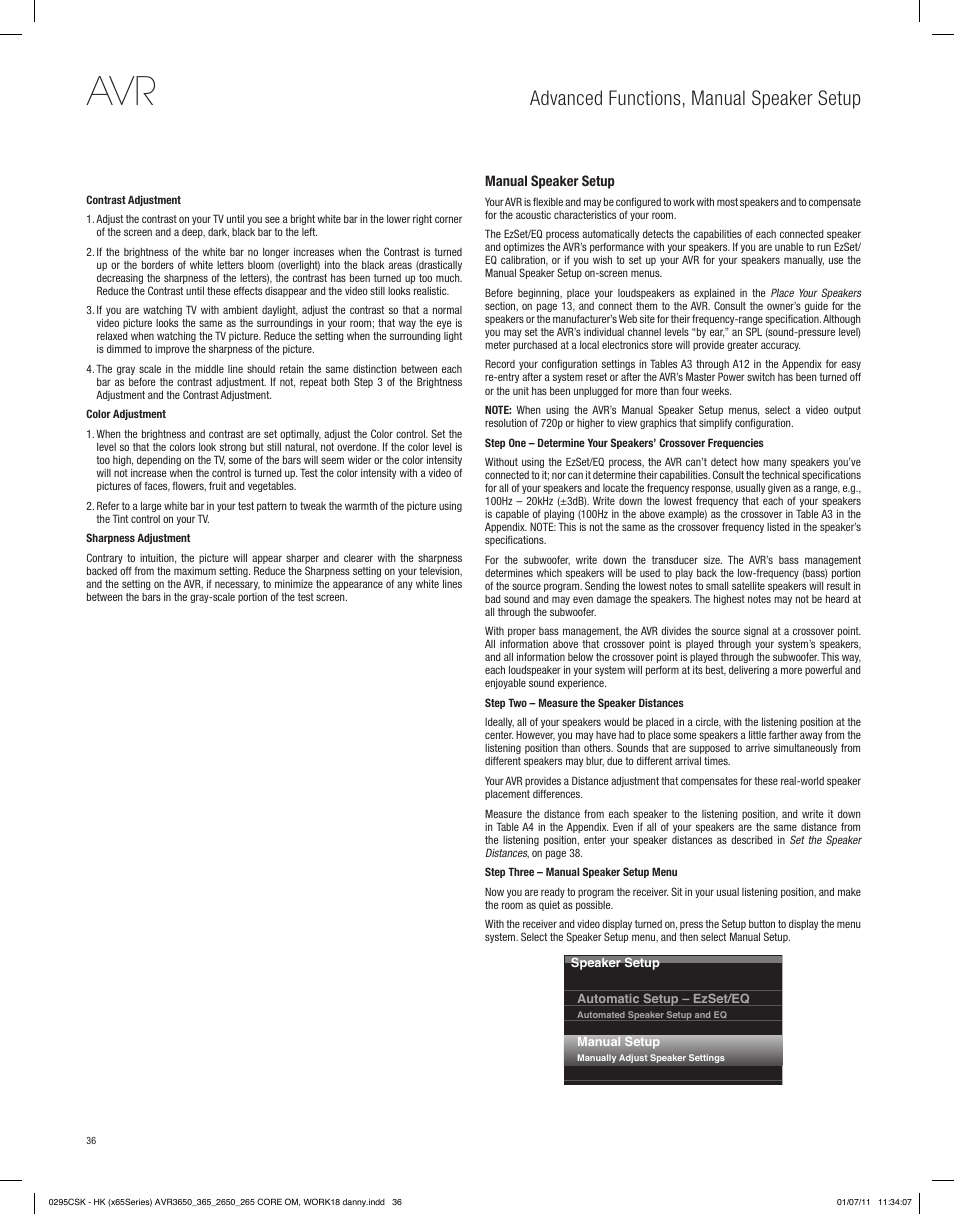 Advanced functions, manual speaker setup | Harman-Kardon AVR 265 User Manual | Page 36 / 62