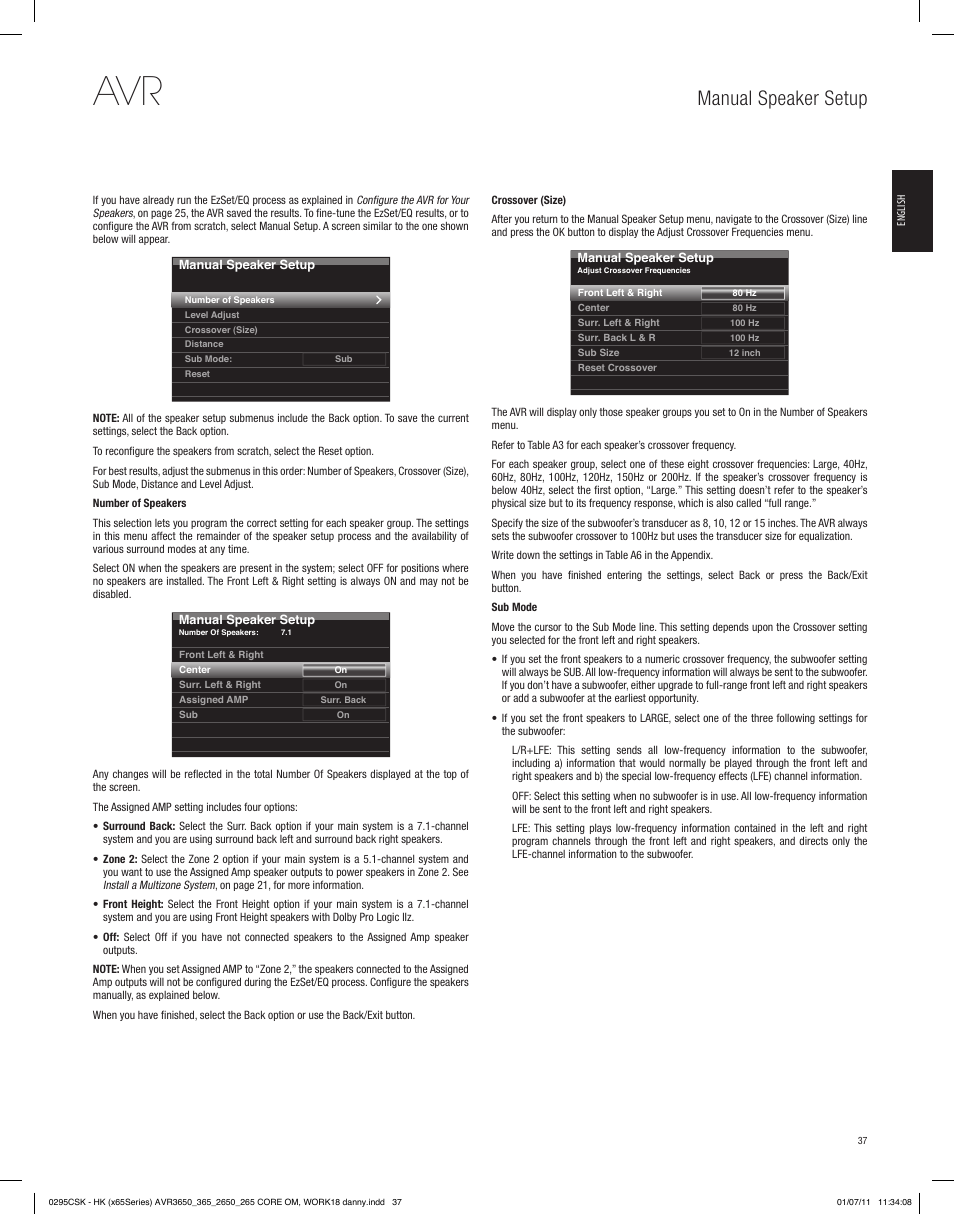 Manual speaker setup | Harman-Kardon AVR 265 User Manual | Page 37 / 62