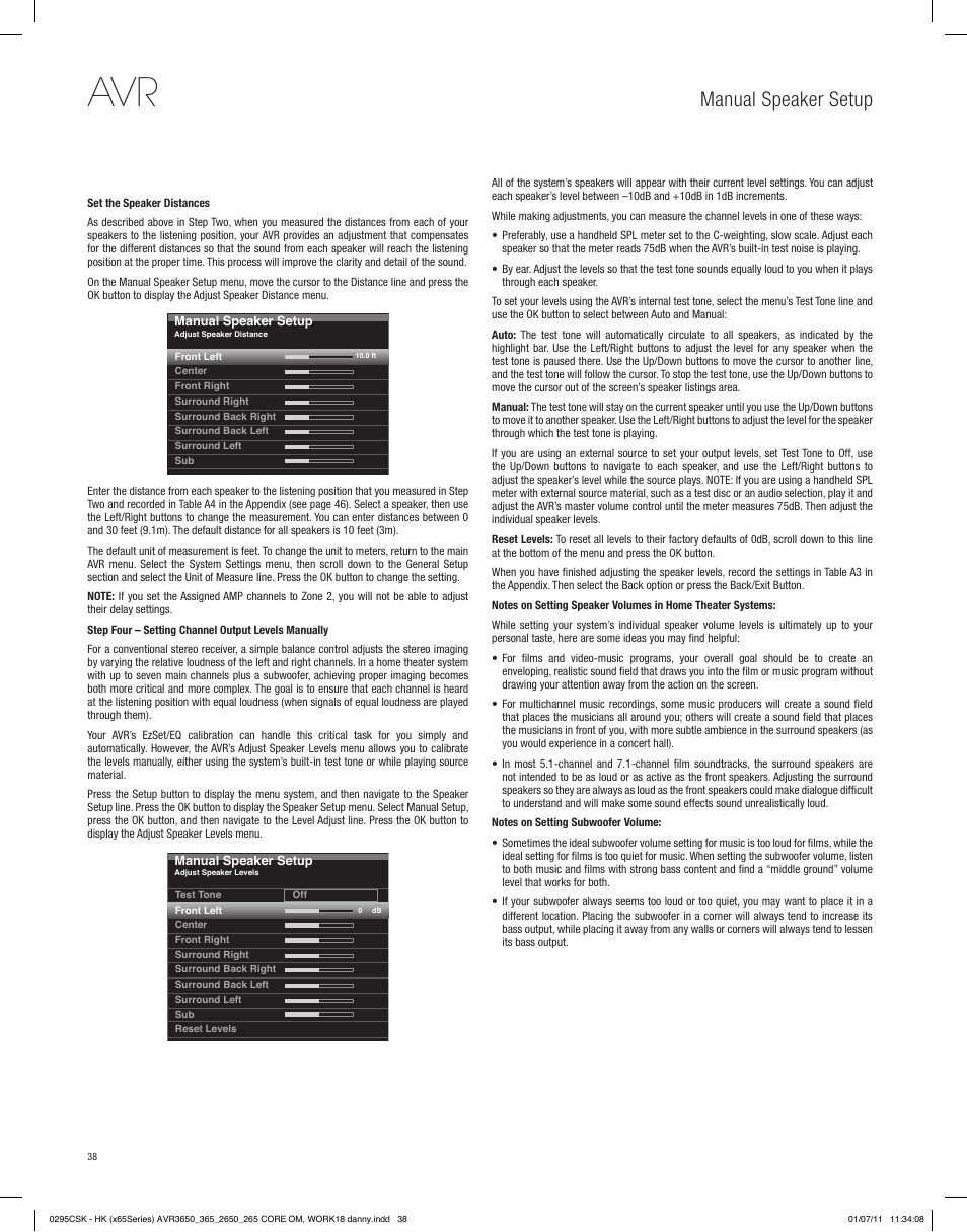 Manual speaker setup | Harman-Kardon AVR 265 User Manual | Page 38 / 62