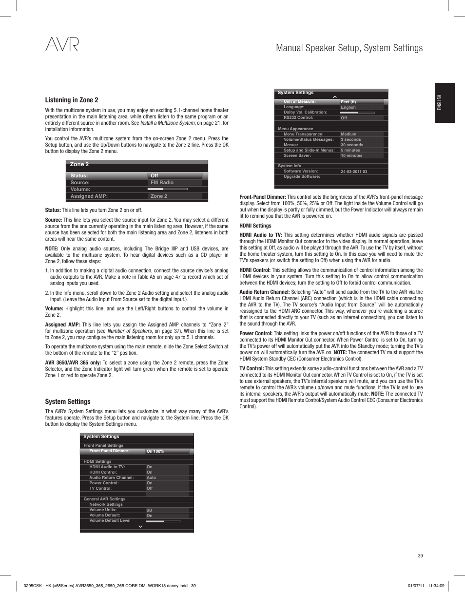 Manual speaker setup, system settings, Listening in zone 2, System settings | Harman-Kardon AVR 265 User Manual | Page 39 / 62