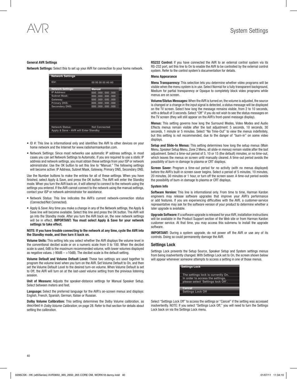 System settings | Harman-Kardon AVR 265 User Manual | Page 40 / 62