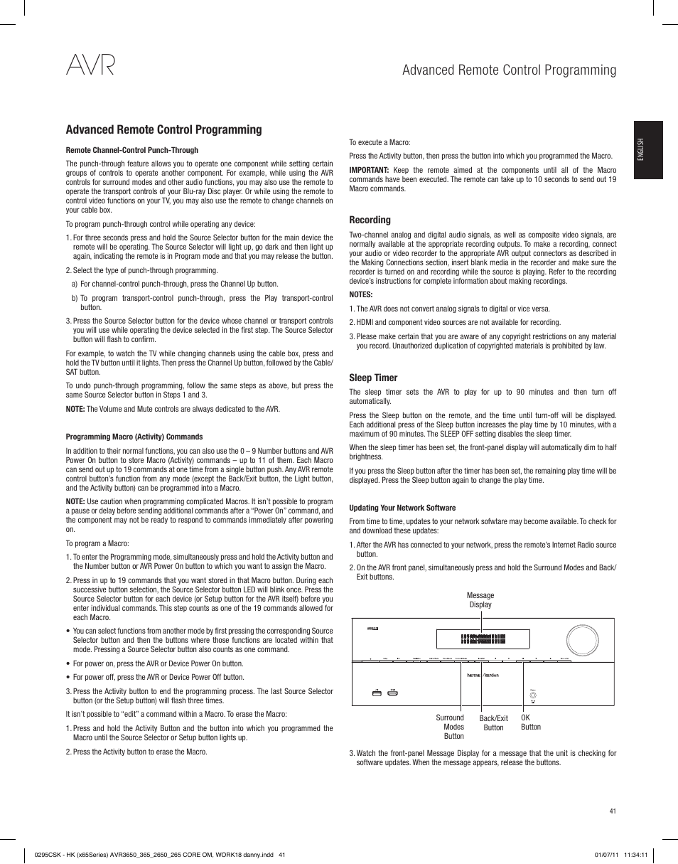 Advanced remote control programming | Harman-Kardon AVR 265 User Manual | Page 41 / 62