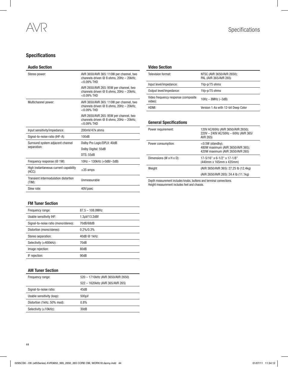 Specifications | Harman-Kardon AVR 265 User Manual | Page 44 / 62