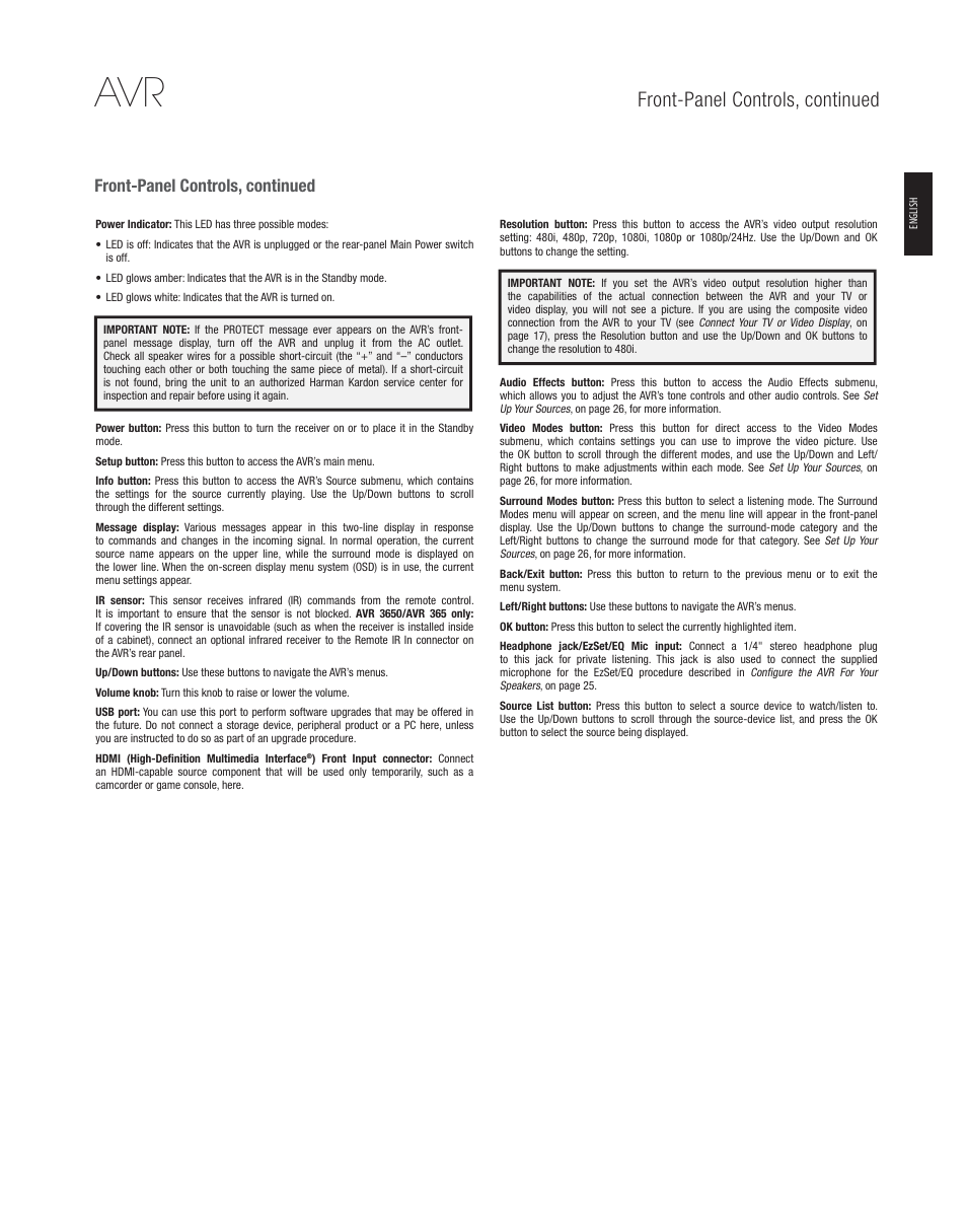 Front-panel controls, continued | Harman-Kardon AVR 265 User Manual | Page 5 / 62