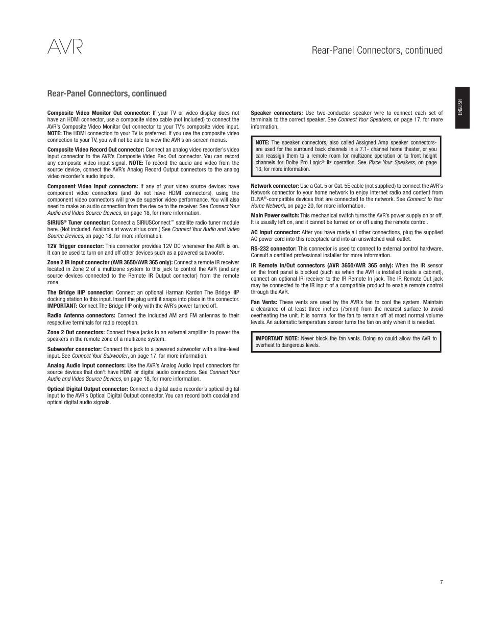 Rear-panel connectors, continued | Harman-Kardon AVR 265 User Manual | Page 7 / 62