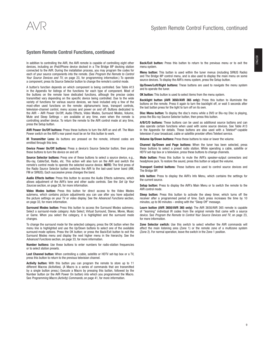 System remote control functions, continued | Harman-Kardon AVR 265 User Manual | Page 9 / 62