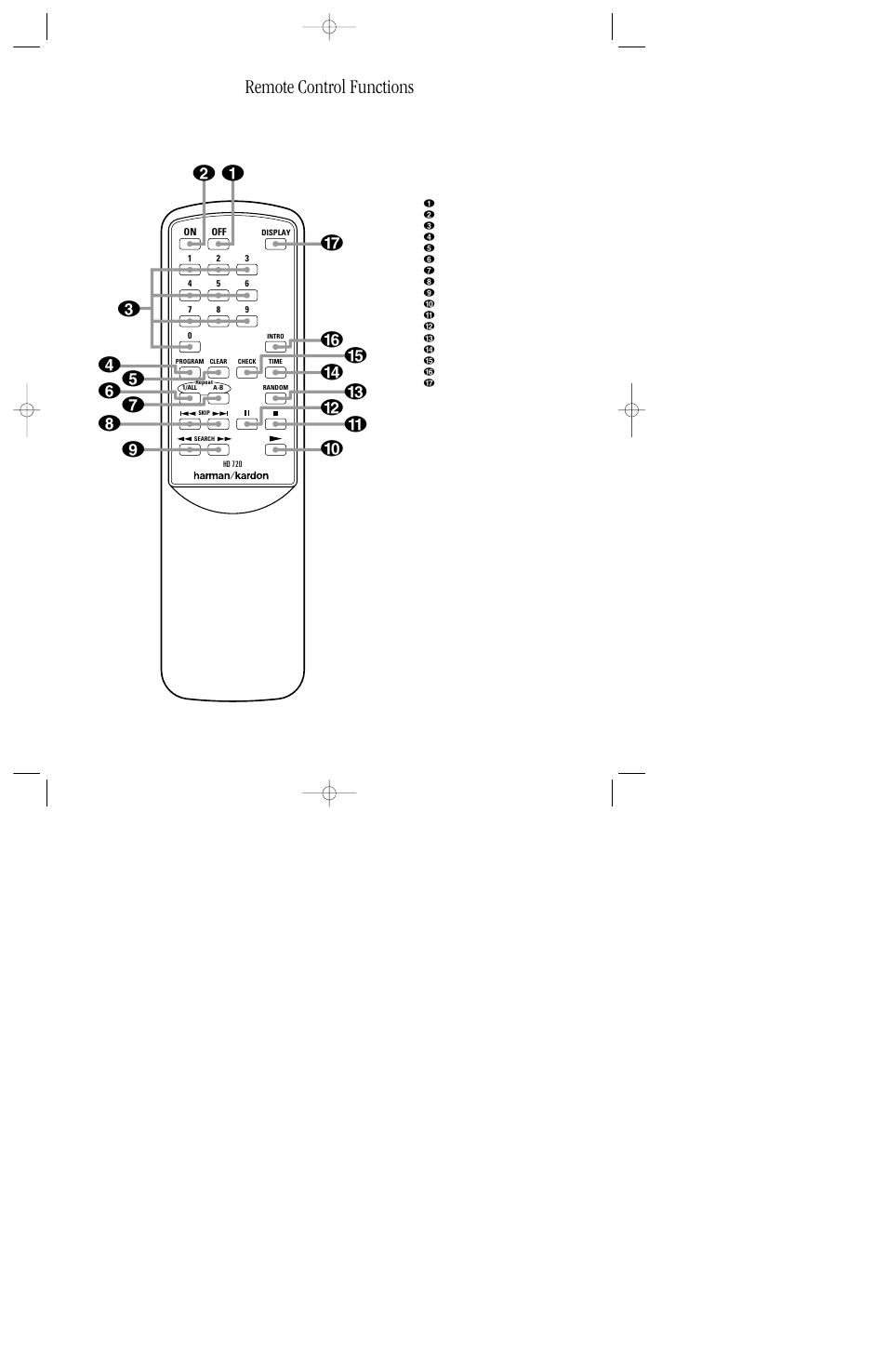 Remote control functions | Harman-Kardon HD720 User Manual | Page 10 / 20