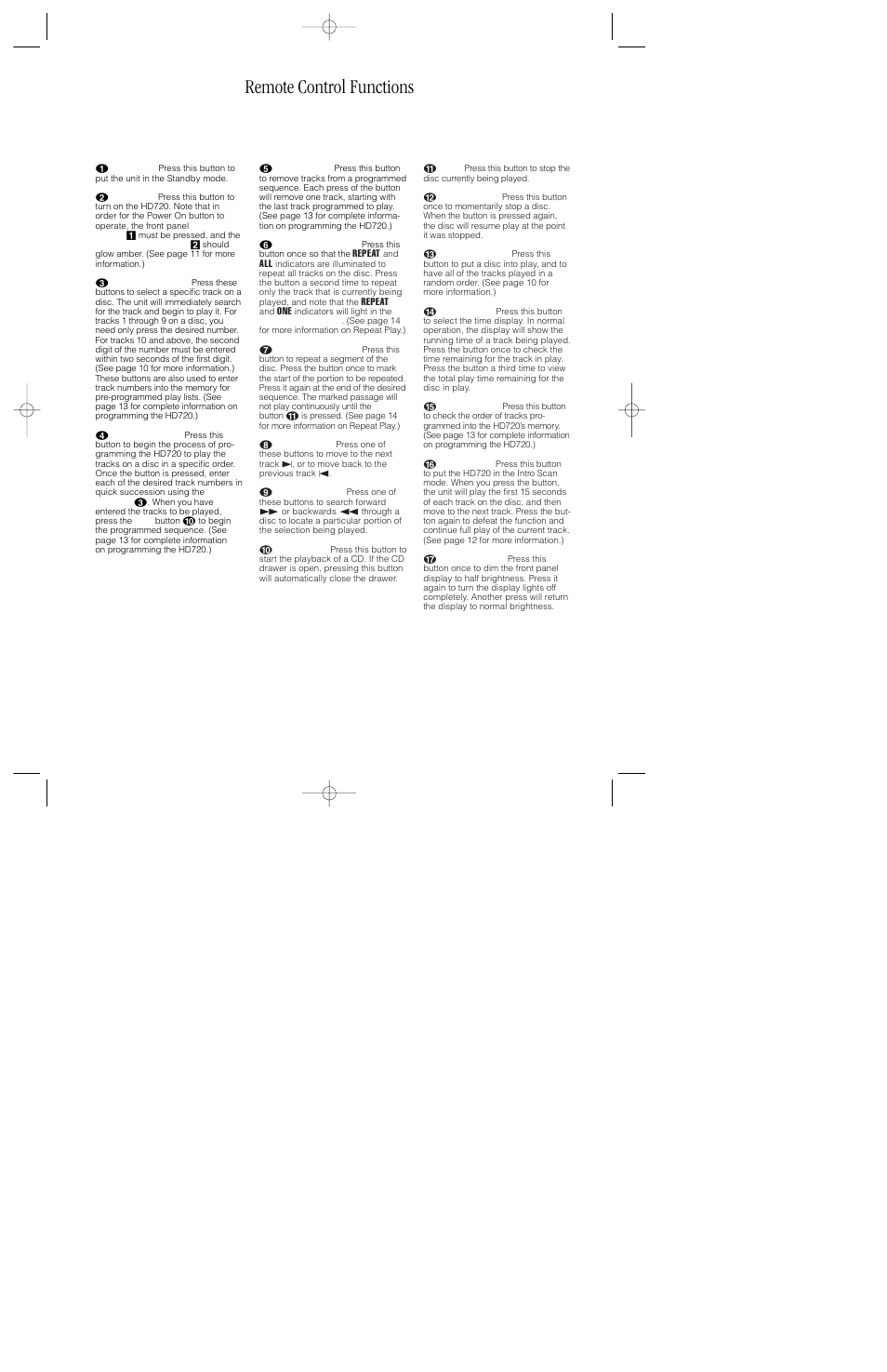 Remote control functions | Harman-Kardon HD720 User Manual | Page 11 / 20