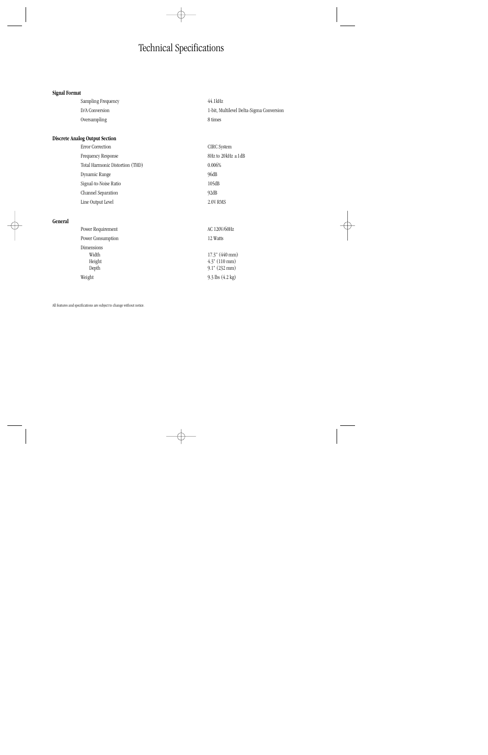 Technical specifications | Harman-Kardon HD720 User Manual | Page 19 / 20