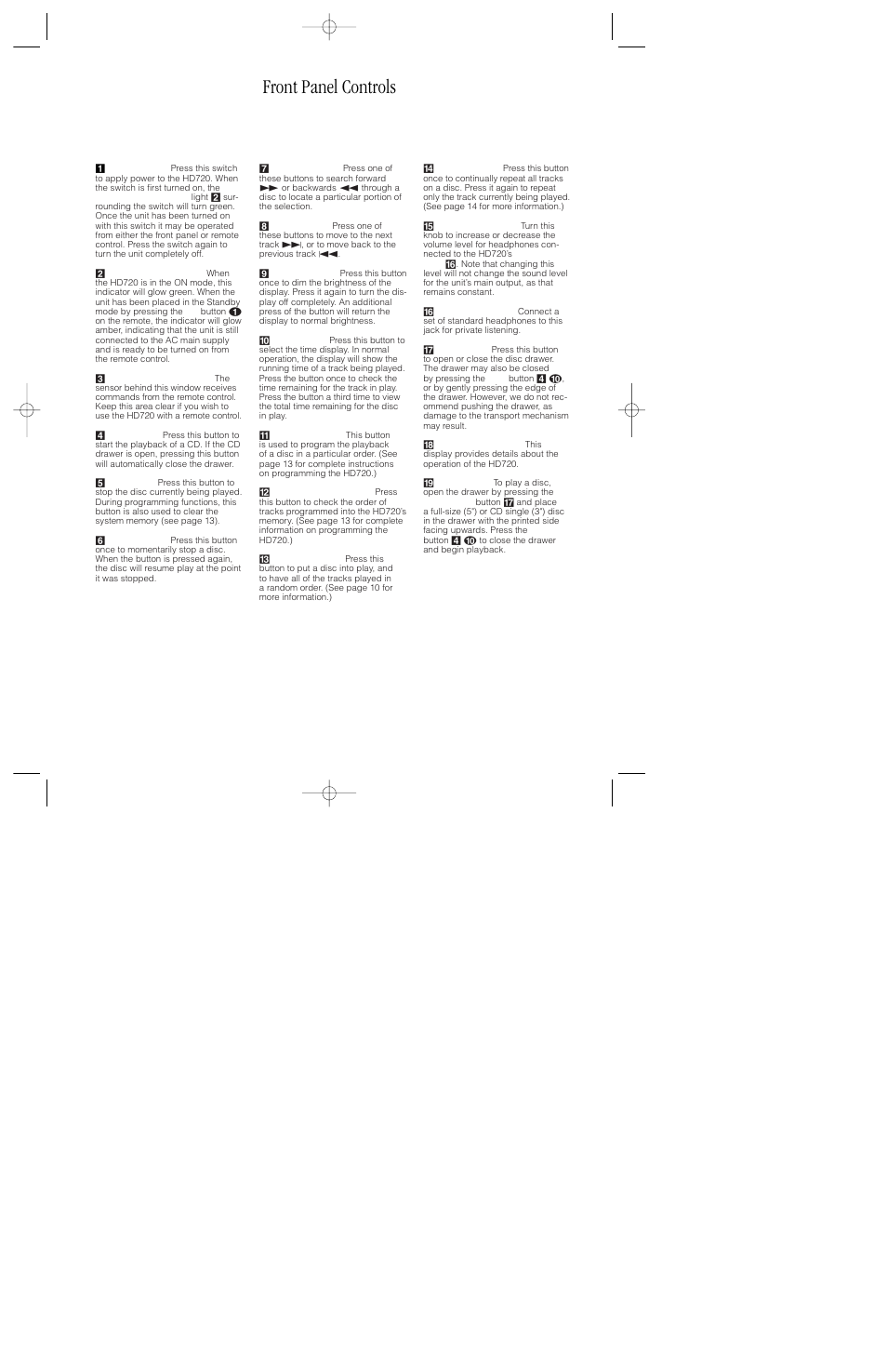 Front panel controls | Harman-Kardon HD720 User Manual | Page 8 / 20