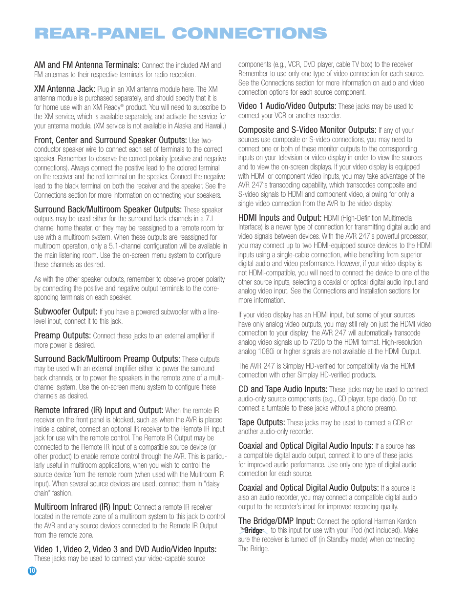 Rear-panel connections | Harman-Kardon AVR 247 User Manual | Page 10 / 76